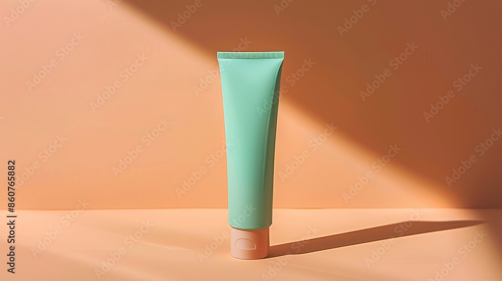 Green Cosmetic Tube on Peach Background Green Cosmetic Tube on Peach Background