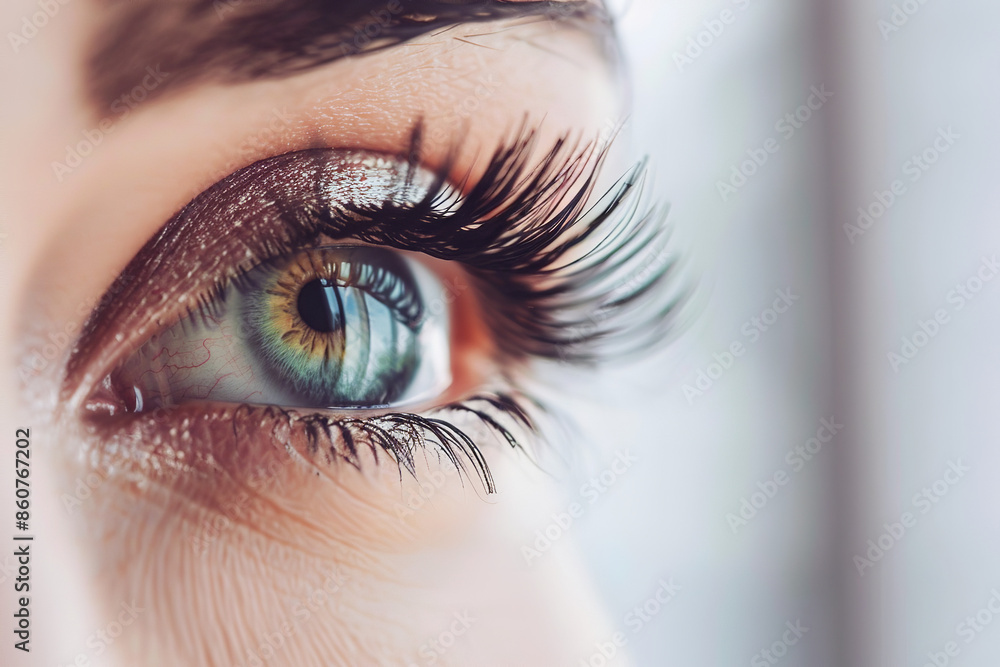 Obraz premium A close-up of a person's eye with clearly defined eyelashes, set against a light background, beautifully illustrates concepts of beauty and vision