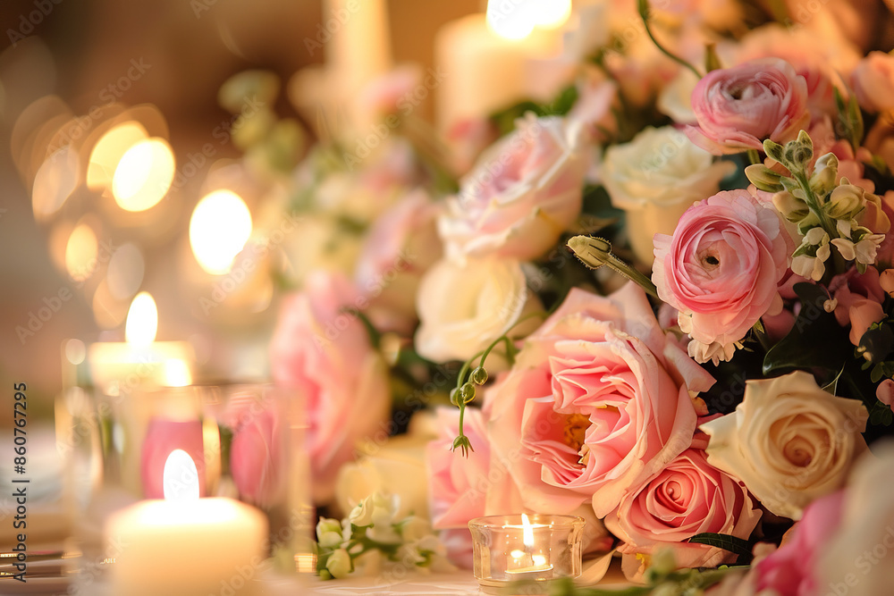 Obraz premium A close-up view reveals a beautifully decorated dinner table adorned with a centerpiece of pink and white flowers