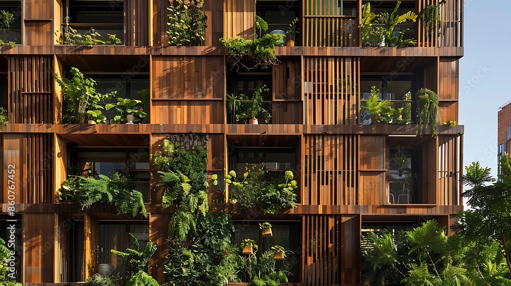 high-rise apartment building with a fa? section ade of wooden panels that create a vertical garden effect, integrating urban living with green space high-rise apartment building with a fa? section ade of wooden panels that create a vertical garden effect, integrating urban living with green space