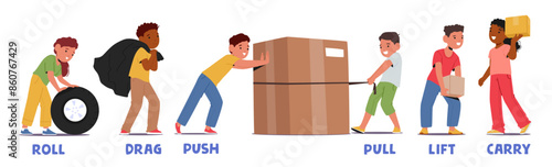 Children Engaged In Various Movements Such As Rolling, Dragging, Pushing, Pulling, Lifting, And Carrying Objects