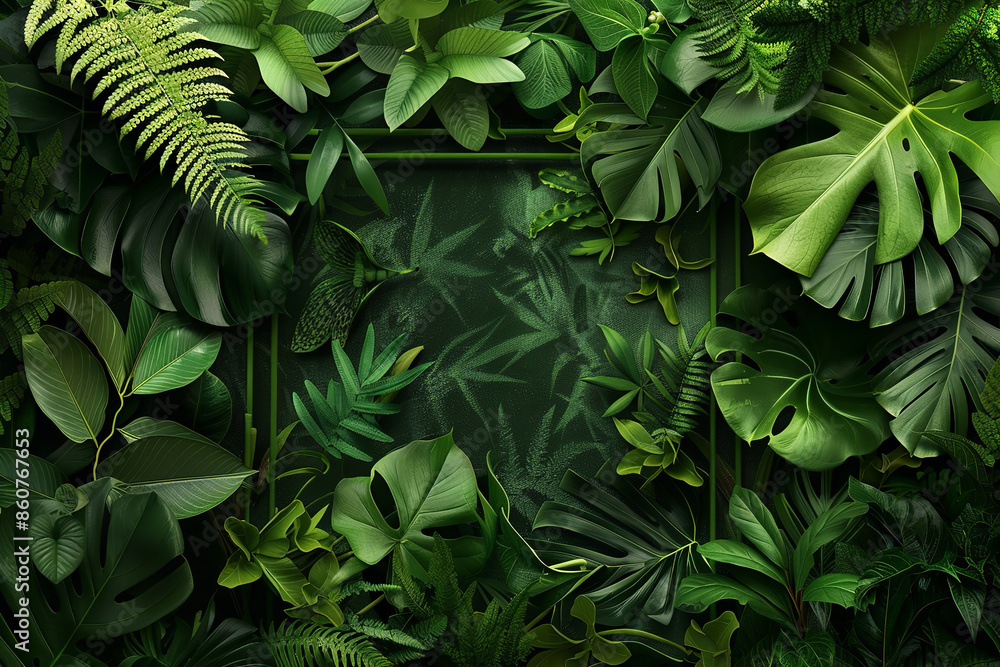 A lush foliage background with a green frame provides an ideal setting for nature-themed graphics A lush foliage background with a green frame provides an ideal setting for nature-themed graphics