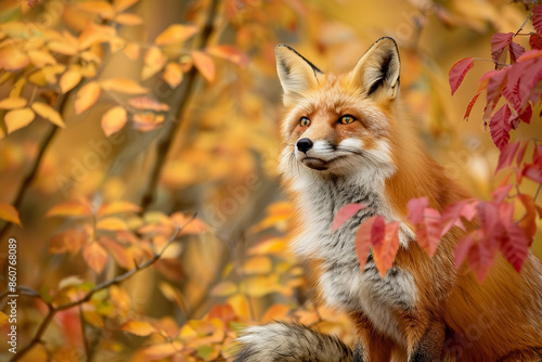 A stunning portrait of a red fox in its autumn habitat, set against a backdrop of vibrant foliage © Nate