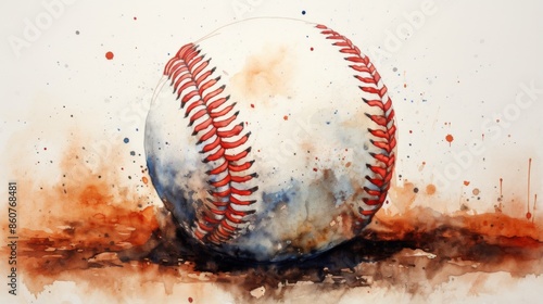 A close-up view of a baseball painted in watercolor, showcasing intricate details and textures. The earthy tones and artistic splashes give a unique take on the classic sports item.