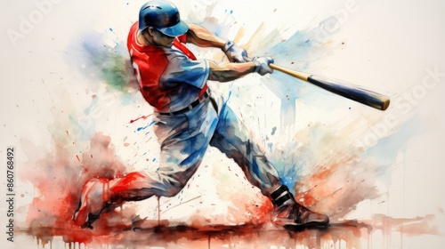 A baseball player is captured in the motion of swinging his bat, creating a dynamic and energetic watercolor artwork that conveys the excitement of the sport.