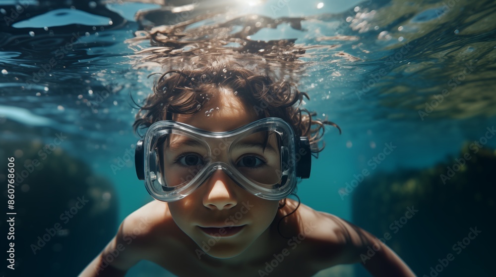 Naklejka premium Underwater view of child swimming with goggles.
