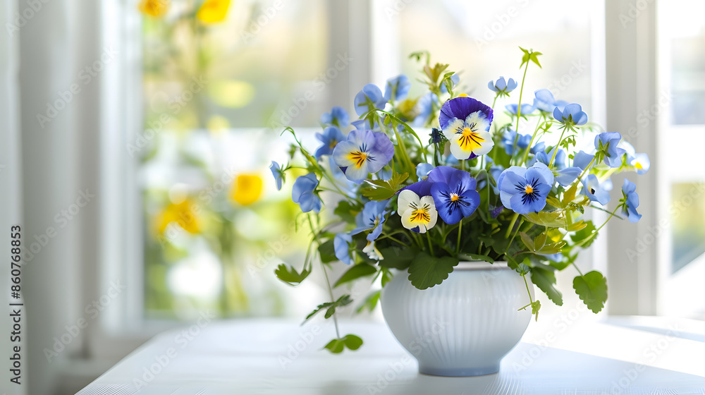 Bouquet of pansies and forgetmenot flowers in a vase on the table Blur selective focus : Generative AI Bouquet of pansies and forgetmenot flowers in a vase on the table Blur selective focus : Generative AI