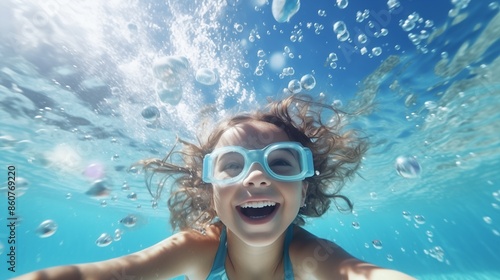 underwater view of cute cheerful little girl in goggles diving in water in bright blue pool with bubbles