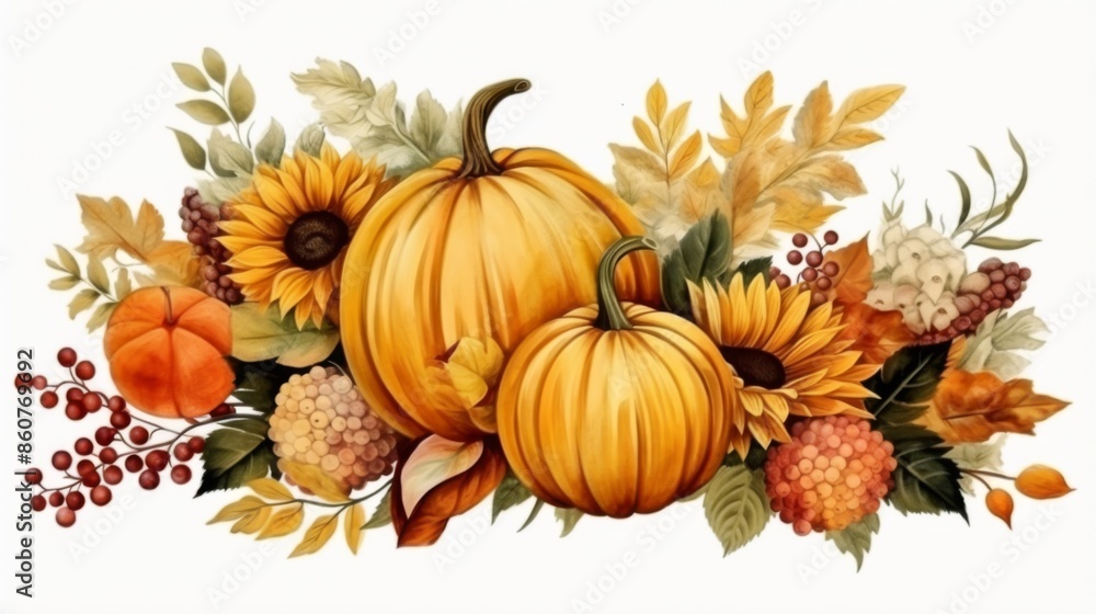 A vibrant autumn illustration featuring pumpkins, sunflowers, assorted flowers, and leaves, showcasing the rich colors and bounty of the fall season in a beautifully arranged composition. A vibrant autumn illustration featuring pumpkins, sunflowers, assorted flowers, and leaves, showcasing the rich colors and bounty of the fall season in a beautifully arranged composition.