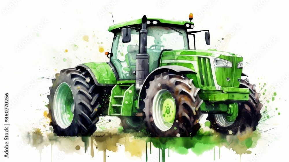 Obraz premium Image features a large green tractor prominently displayed on a field with detailed tire tracks, highlighting the power and utility of modern agricultural machinery in land preparation.