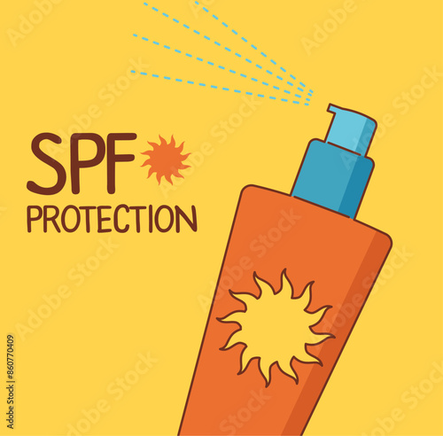 A bottle with sunscreen. Bright, summer 2d illustration.