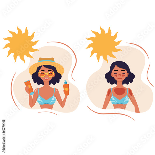 A happy girl with sun protection and healthy skin and a girl with sunburn without protection. Bright, summer 2D illustration.