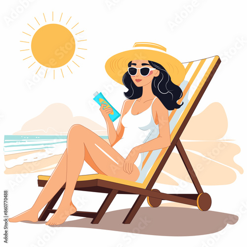 Happy girl with sunscreen in hand wearing glasses and hat on the beach. Bright, summer 2d illustration.