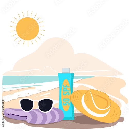 Sunscreen, hat and glasses on the sand on the beach. Bright, summer 2d illustration.