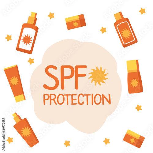 Sunscreen cosmetics in different bottles. 2D illustration.