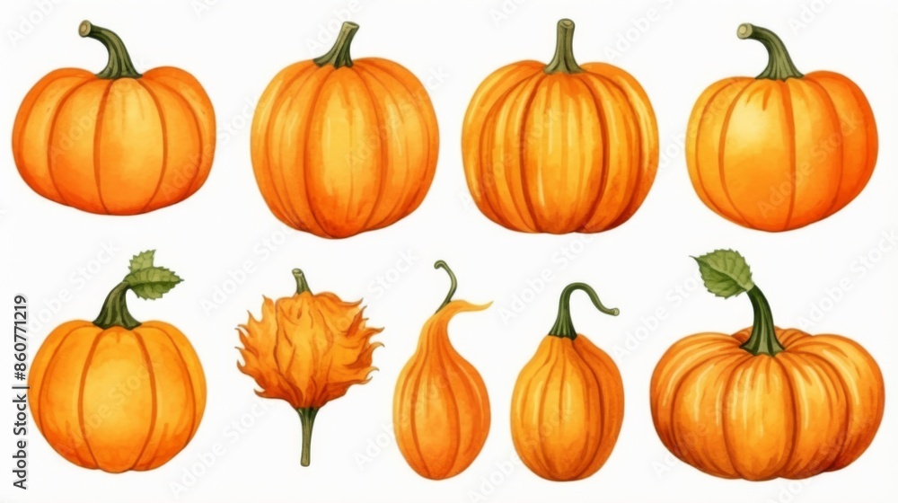 Illustration featuring eight different orange pumpkins with unique shapes and sizes, surrounded by green leaves on a white background. Represents fall and diversity in nature. Illustration featuring eight different orange pumpkins with unique shapes and sizes, surrounded by green leaves on a white background. Represents fall and diversity in nature.