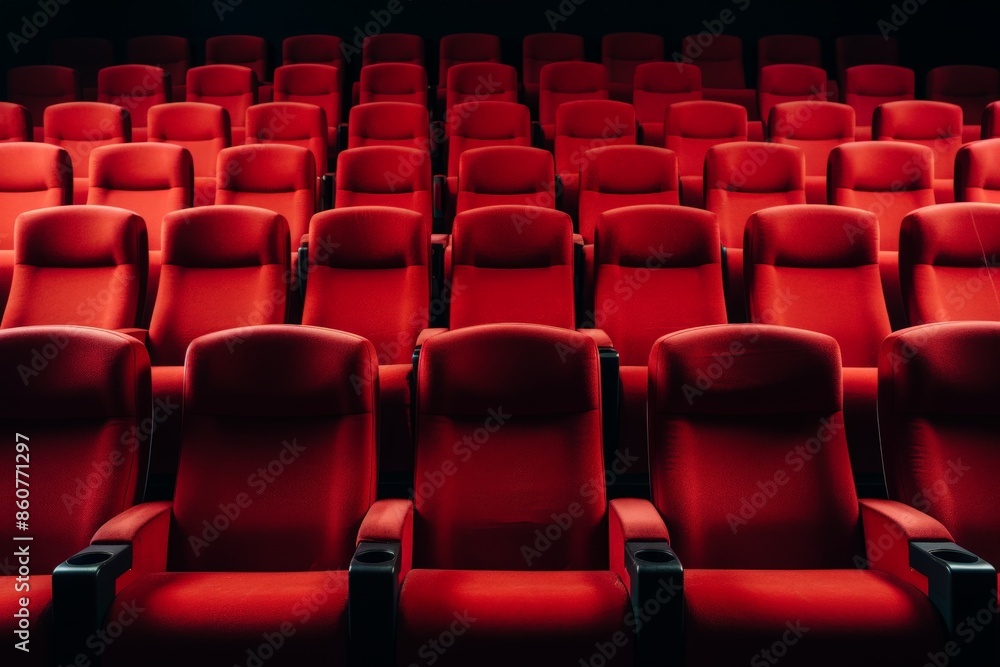 Fototapeta premium Empty red theater seats in a dark auditorium, ready for the audience. Perfect for cinema, entertainment, or venue themes.