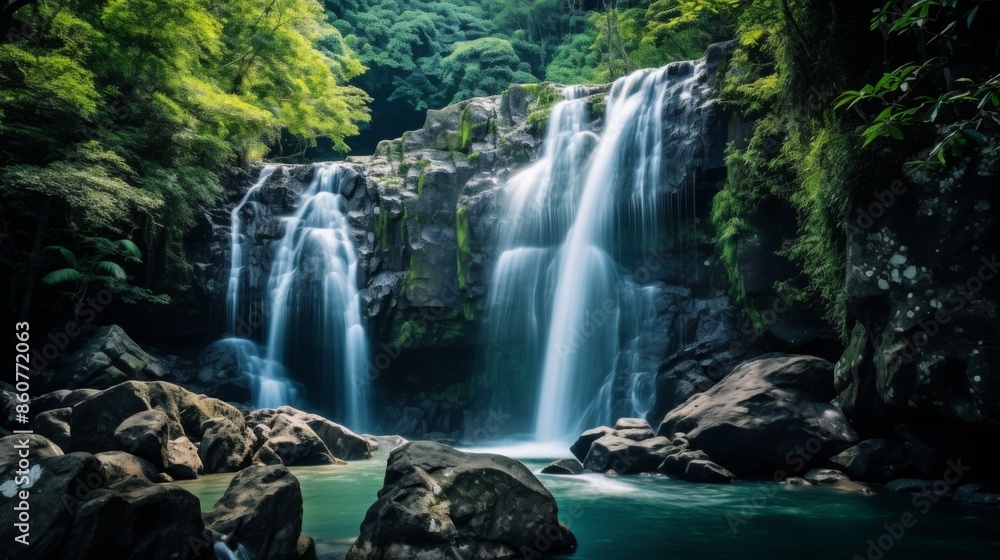 A beautiful waterfall cascading over rocks, surrounded by lush green foliage and stones, creating a tranquil and serene natural scene perfect for relaxation. A beautiful waterfall cascading over rocks, surrounded by lush green foliage and stones, creating a tranquil and serene natural scene perfect for relaxation.