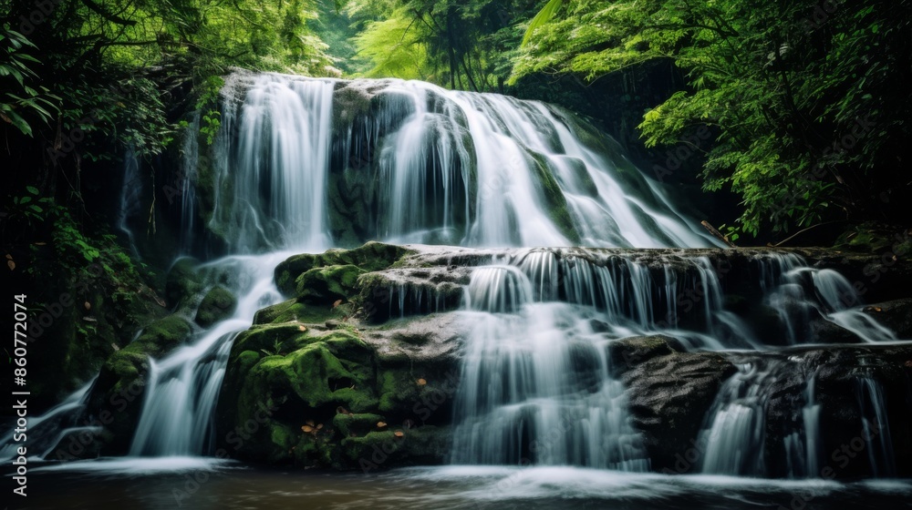 A stunning waterfall cascades gracefully over moss-covered stones surrounded by vibrant greenery, creating a peaceful and picturesque natural environment. A stunning waterfall cascades gracefully over moss-covered stones surrounded by vibrant greenery, creating a peaceful and picturesque natural environment.