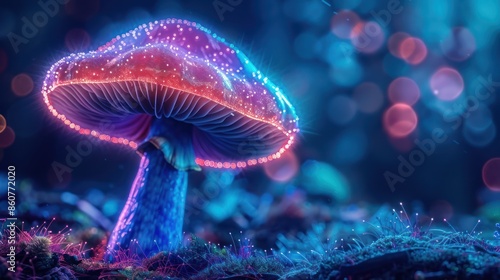 Neon Psychedelic Mushroom: Vibrant Abstract Fungi in Colorful Lights © hisilly