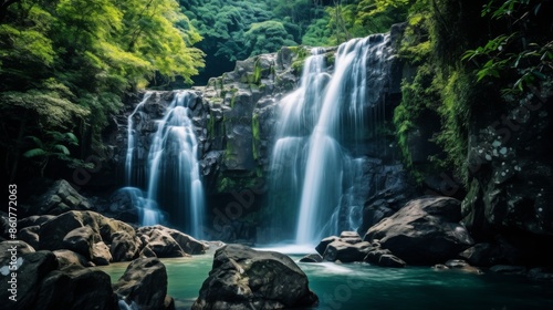 A beautiful waterfall cascading over rocks, surrounded by lush green foliage and stones, creating a tranquil and serene natural scene perfect for relaxation.