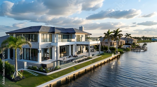 luxury waterfront villa with high-gloss, marine-grade fiber cement siding, offering opulence as well as resilience against harsh coastal elements