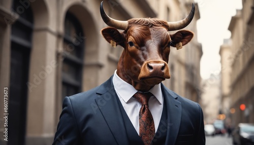 A bovine businessman strolls through the city © Andrey