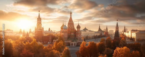 Stunning panoramic view of St. Basil's Cathedral surrounded by autumn foliage in Moscow, with the setting sun casting a warm hue over the historic architecture, highlighting its vibrant domes.