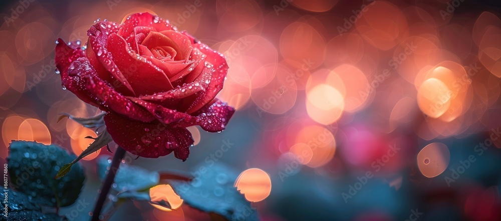 A Single Red Rose with Dew Drops Against a Bokeh Background A Single Red Rose with Dew Drops Against a Bokeh Background