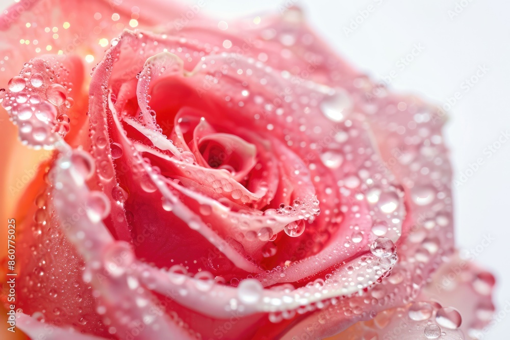 Pink rose with drops of water on white background close-up image Pink rose with drops of water on white background close-up image