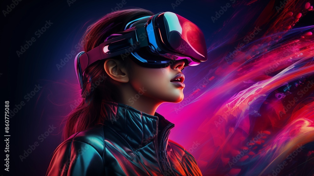 woman in VR glasses in neon space, digital art illustration woman in VR glasses in neon space, digital art illustration