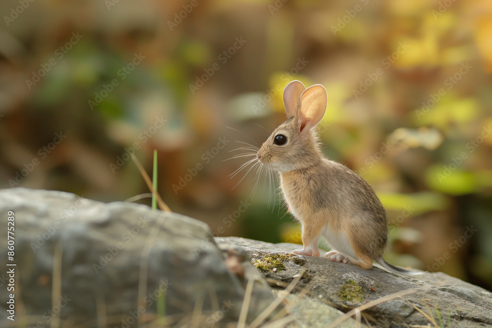 An adorable small brown jerboa sits attentively on a rock, surrounded by a blurred natural background of greenery and soft light An adorable small brown jerboa sits attentively on a rock, surrounded by a blurred natural background of greenery and soft light