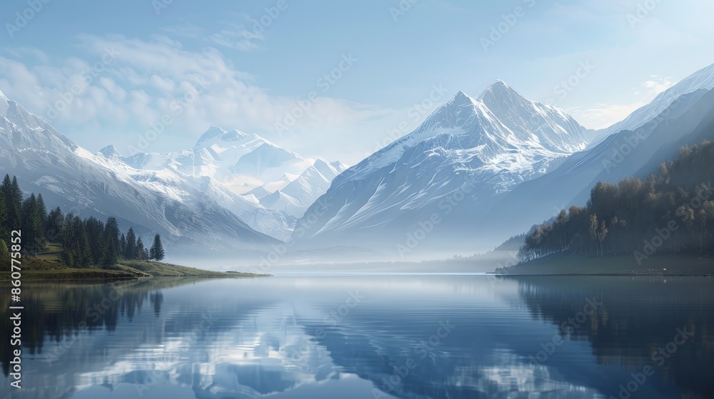 Serene mountain lake reflecting snowy peaks under a clear blue sky, surrounded by pine trees in a tranquil natural landscape. Serene mountain lake reflecting snowy peaks under a clear blue sky, surrounded by pine trees in a tranquil natural landscape.