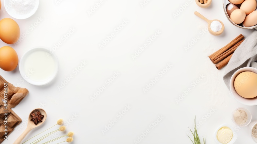 Baking supplies including eggs, milk, spices, chocolate, and other ingredients are artfully arranged on a white background, ideal for culinary and baking themes.