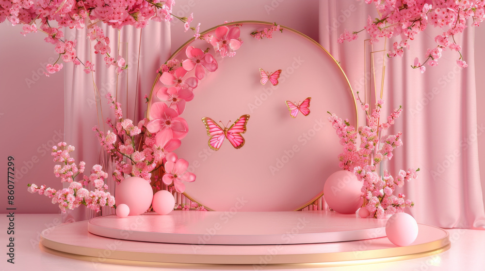 3D render of an abstract pink background with a floral frame of colorful paper flowers forming a botanical arch. Ideal for a shop product display showcase, featuring an empty podium, vacant pedestal. 3D render of an abstract pink background with a floral frame of colorful paper flowers forming a botanical arch. Ideal for a shop product display showcase, featuring an empty podium, vacant pedestal.