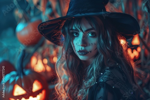 Portrait of a beautiful young woman dressed as a witch in the forest, Ai Generated