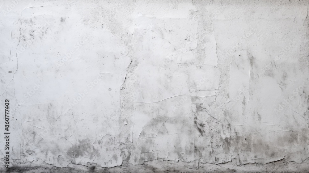 Fototapeta premium A weathered white concrete wall with peeling texture details, showing age and character, ideal for backgrounds needing a rustic, distressed, and historically rich appearance.