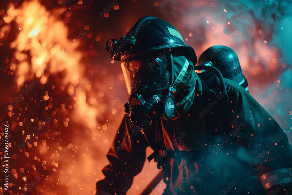 Firefighter in full gear fighting a fierce blaze with a hose Firefighter in full gear fighting a fierce blaze with a hose
