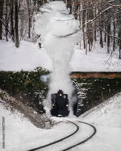 Budapest, Hungary - Winter forest scene with nostalgic steam tank engine coming out from the tunnel at the snowy forest of Buda Hills near Huvosvolgy photo