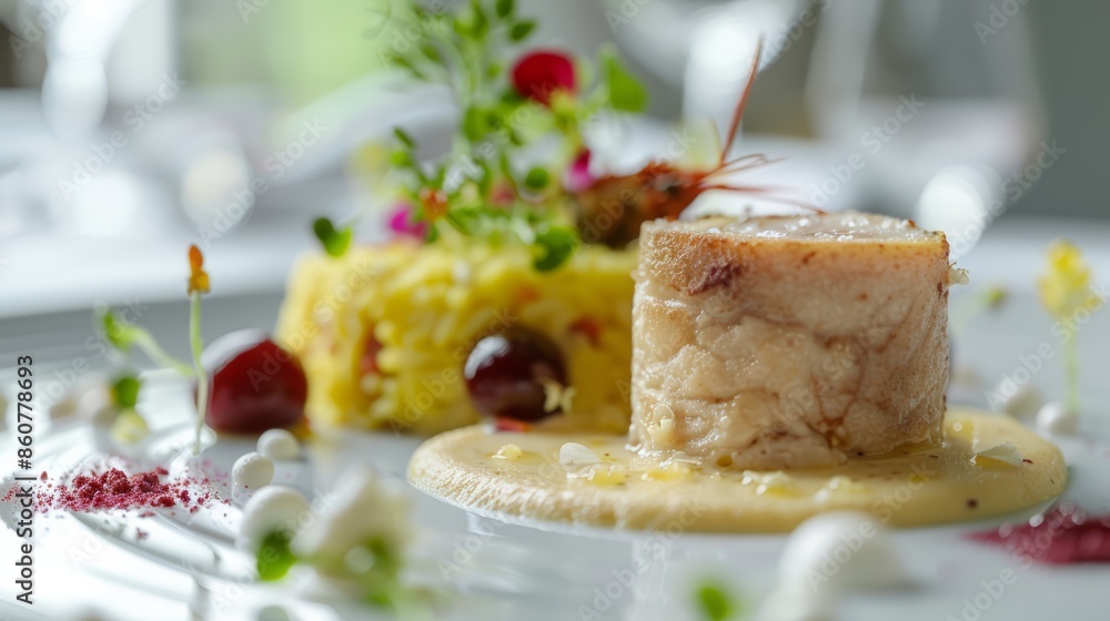 A close up of a plate with food on it and flowers, AI A close up of a plate with food on it and flowers, AI