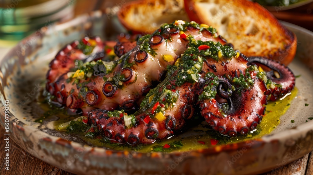 A plate of a dish with octopus and bread on it, AI A plate of a dish with octopus and bread on it, AI