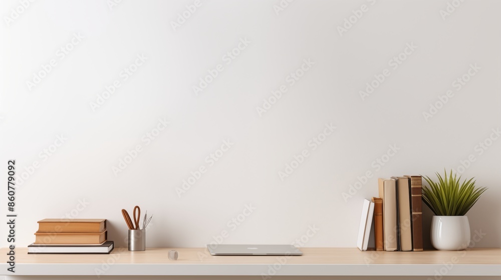 Workspace - office table, empty desk with books and supplies against the white wall, copy space for text or product showcase