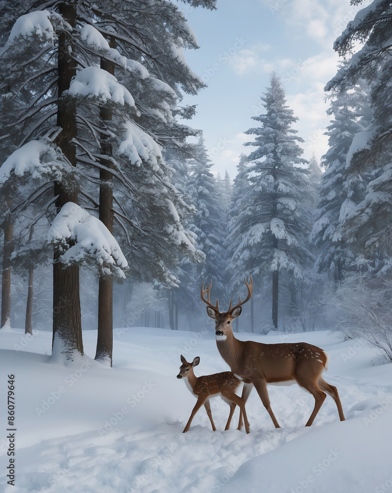 Graceful Deer and Fawn Strolling Through a Snowy Pine Forest on a Clear Winter Day Graceful Deer and Fawn Strolling Through a Snowy Pine Forest on a Clear Winter Day