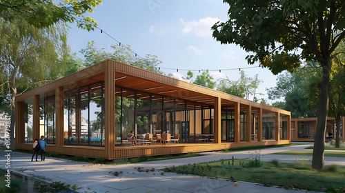 modular wooden community center, easily reconfigurable for various events and activities, promoting flexibility and sustainability in urban design photo