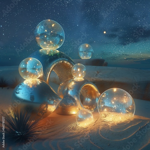 Ethereal light sculpture, desert night, glowing orbs, starry sky, magical realism photo