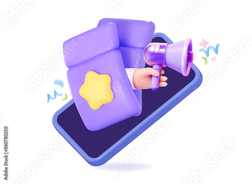 3D Coupons with landscaper and a mobile phone. Notification or message of big discounts about the sale.