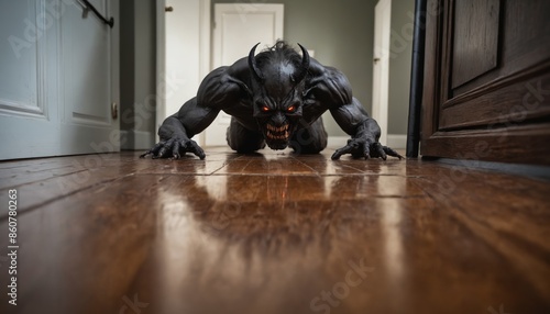 A demonic figure crawls through a domestic hallway