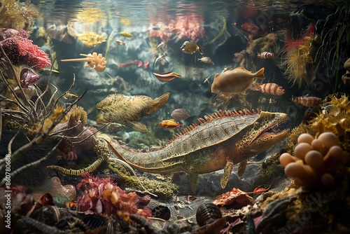 Cambrian explosion with diverse ancient marine life photo