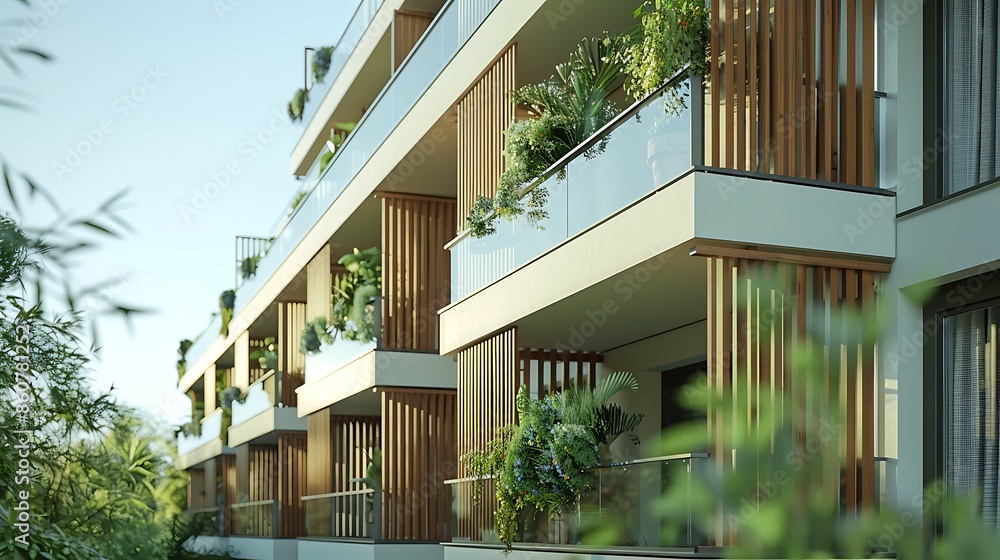 Fototapeta premium multi-family residence with balconies covered in vertical wooden slats, offering both privacy and a stylish modern aesthetic