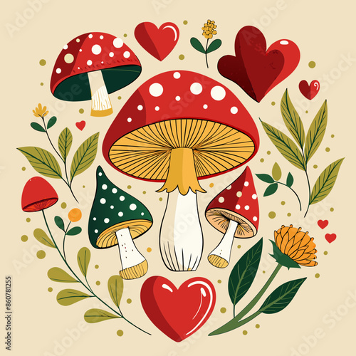 Forest mushrooms heart vintage design. Hand drawn mushrooms, fly agaric